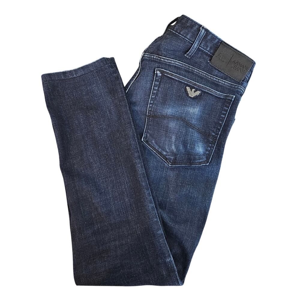 Armani Denim Jeans J23 Low Rise Waist Slim Ankle Dark Blue Wash | Men's 30